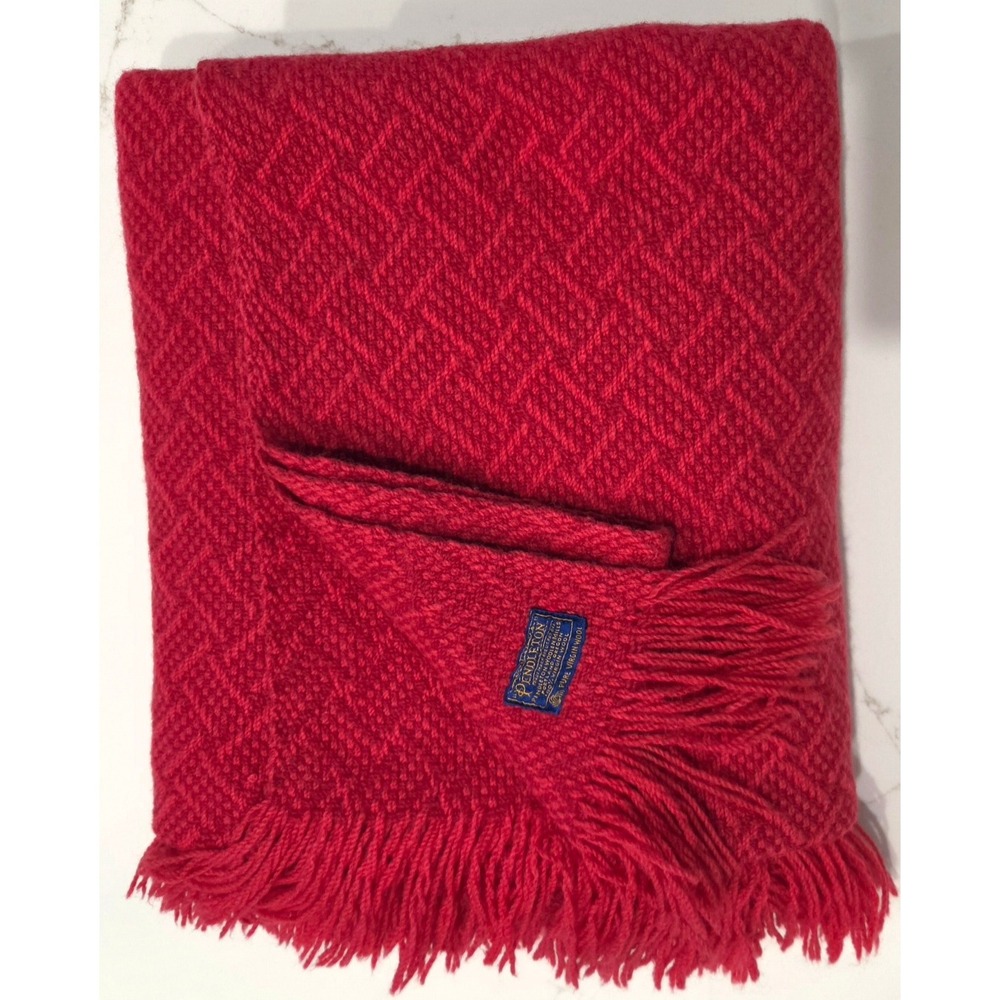 Vintage Pendleton 100% Wool Red Fringed Throw Blanket Made In USA Christmas